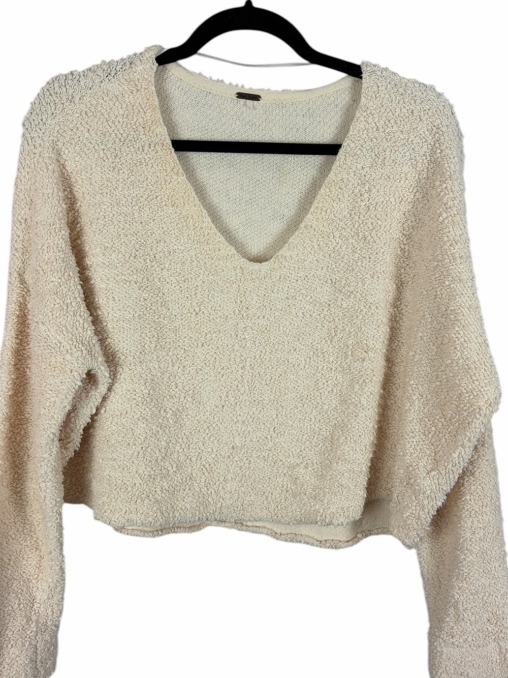 Free People Cream Fuzzy Knit Cropped Sweater V-Neck Cozy Pullover Medium - Picture 2 of 14